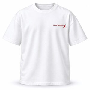 T-shirt blanc La vie qui pique, broderie rouge côté cœur